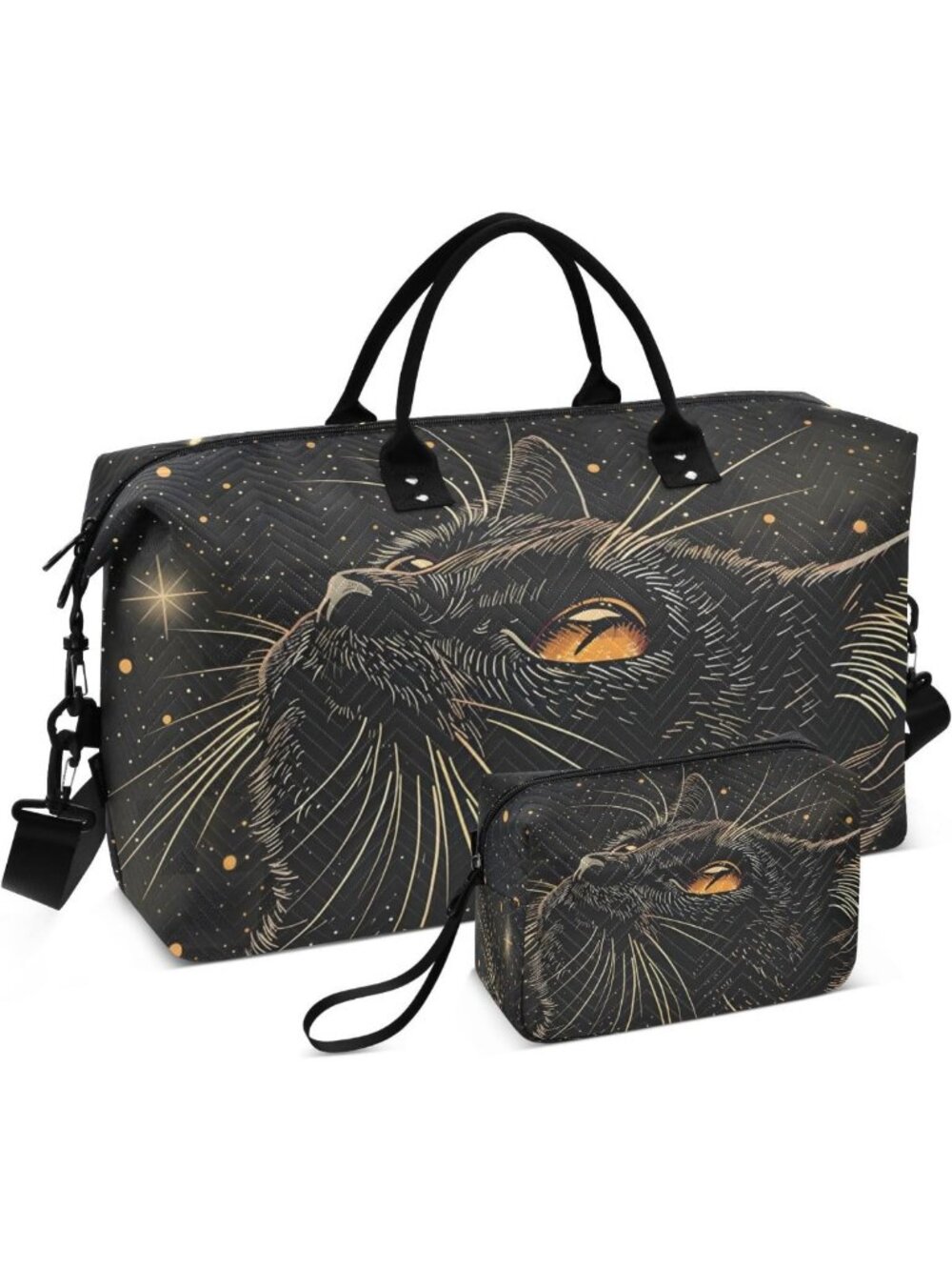Starry Black Cat Travel Duffle Bag & Toiletry Tote - Stylish Gym & Weekend Bag
